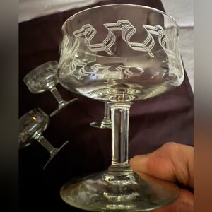 5 Fostoria “Greek” champagne coupes. Etched ribbons 4oz circa 1920. Blown Glass.